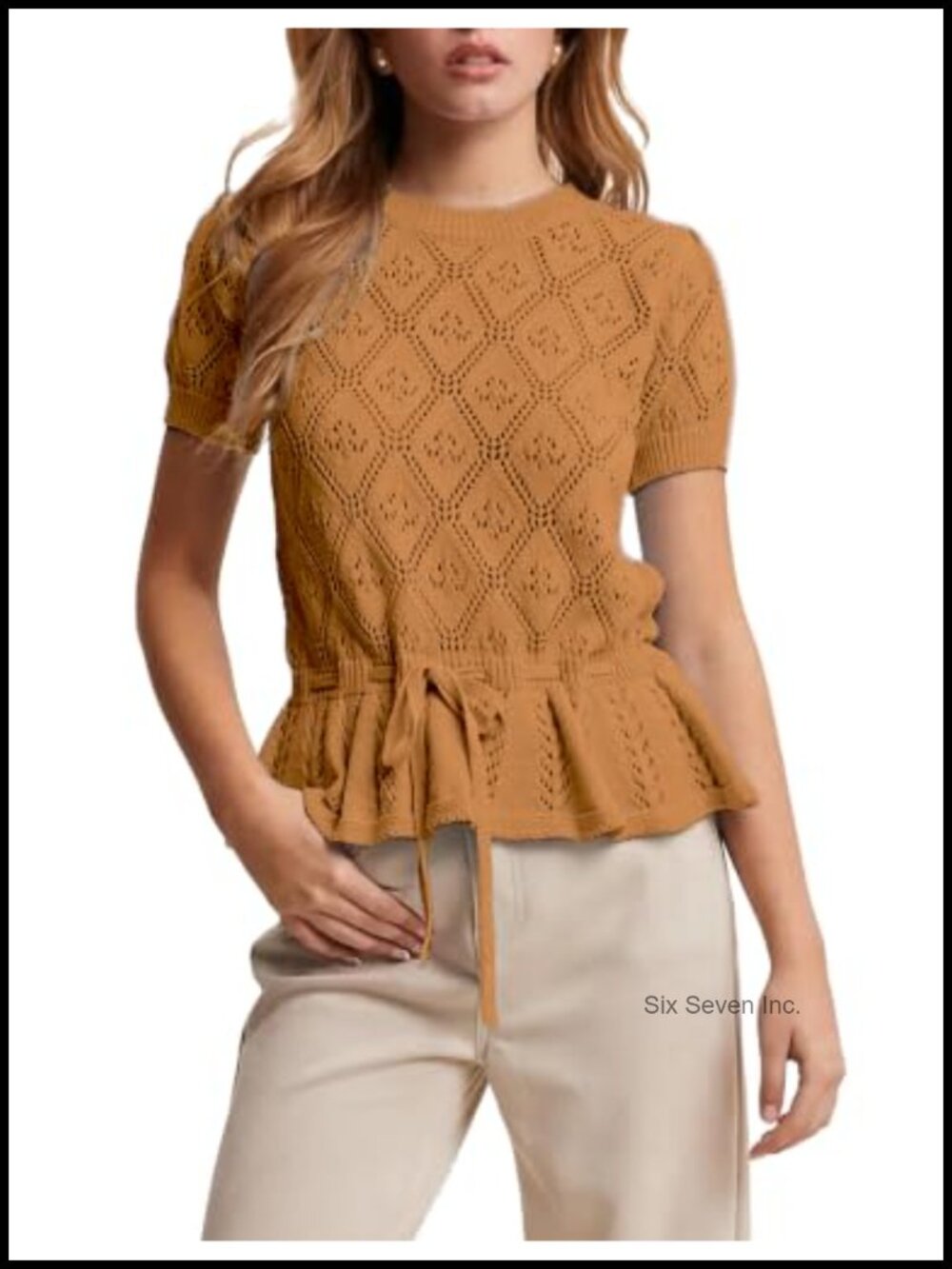 Pointelle Knit Peplum Top Puff Short Sleeve Tie Waist Sweater